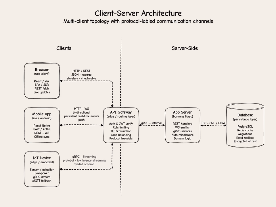 overview diagram showing client-server separation with browser, mobile app, and IoT device as clients on the left; API gateway, application server, and database on the right; arrows labeled with HTTP, WebSocket, and gRPC