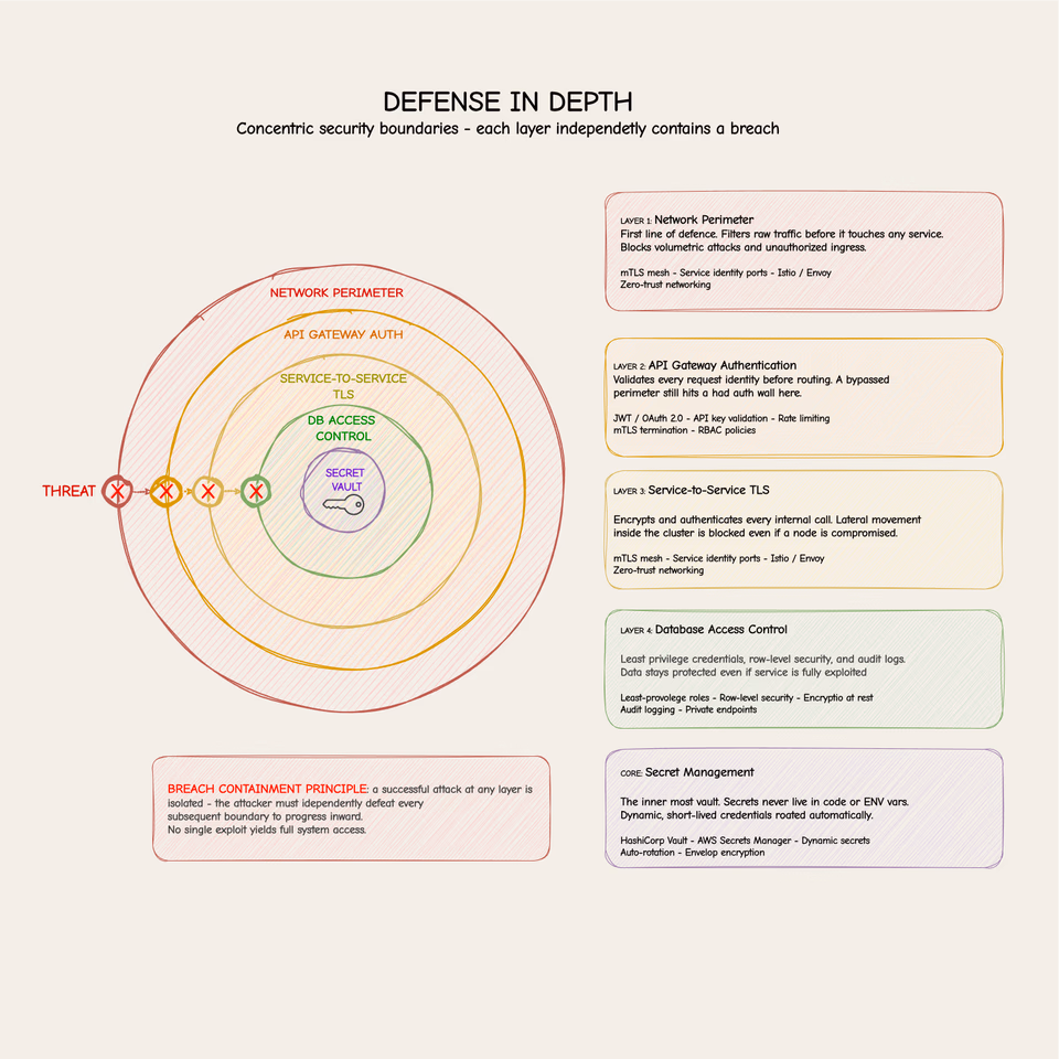 defense in depth diagram showing concentric security boundaries - outer network perimeter, API gateway authentication, service-to-service mTLS, database access control, and secret management vault - illustrating how multiple layers contain a breach
