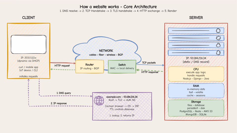 high-level architecture diagram showing a client, a network cloud containing routers and switches, DNS servers, and a server with CPU, RAM, and storage