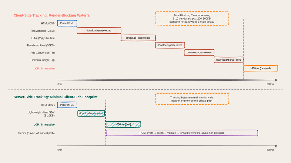 timeline diagram showing page load waterfall with multiple tracking scripts blocking rendering, vs server-side approach with minimal client-side code